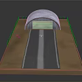 Cartoon Scene Featuring Blue Arched Structure Paved Roadway Brown Ground And Small Colorful Markers
