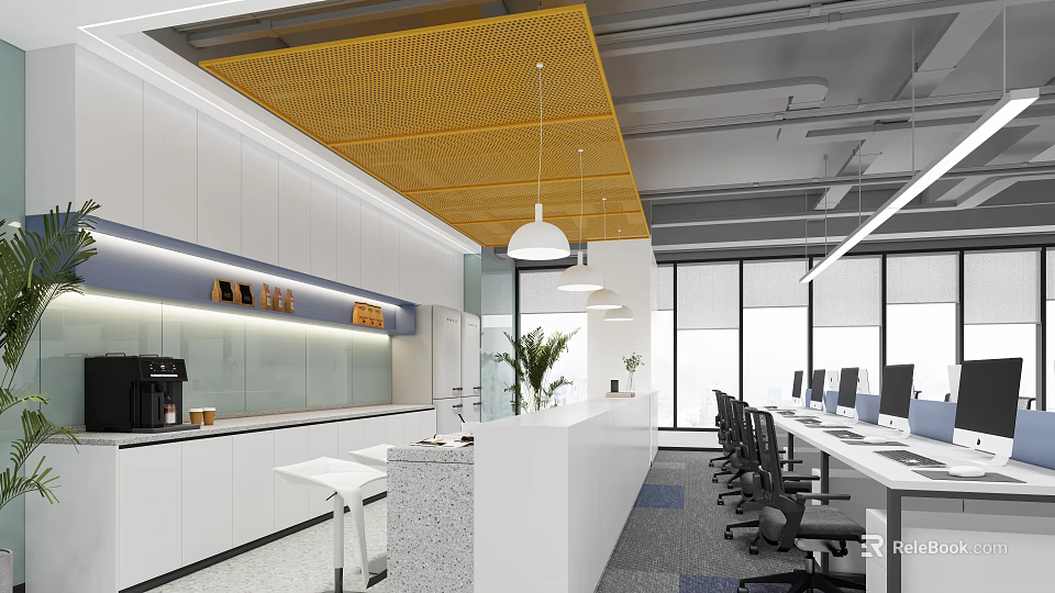Modern Public Office Space Interior With Yellow Mesh Ceiling Office Desks Computers And Potted Plants 3d model 
