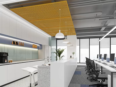 Modern Public Office Space Interior With Yellow Mesh Ceiling Office Desks Computers And Potted Plants 3d model