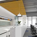 Modern Public Office Space Interior With Yellow Mesh Ceiling Office Desks Computers And Potted Plants