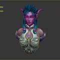 Fantasy Elf Character With Green Braided Hair Purple Skin Pointed Ears And Ornate Silver Armor Bust