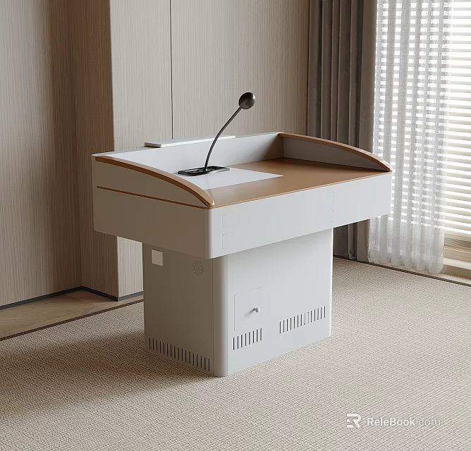 Modern White Podium With Wooden Top And Microphone In Conference Setting 3d model 