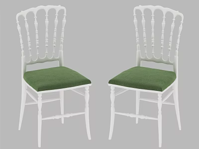Classic White Frame Dining Chairs With Carved Backrest And Green Padded Seat 3d model