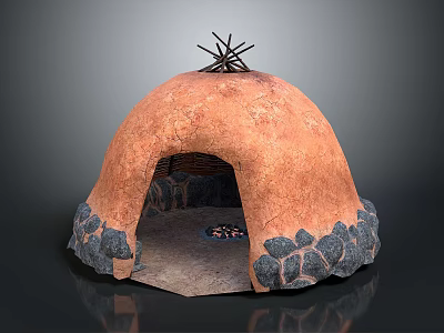 Traditional Earthen Dome Structure With Stone Base Stick Roof And Fire Pit 3d model