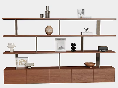 Modern Wooden Bookcase With Metal Frame And Decorative Items Like Vases Books Bowls 3d model