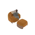 Plush Orange Lounge Chair With Matching Ottoman Blue Throw Blanket And Wooden Legs