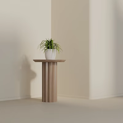 Wooden Side Table With Column Base And Green Plant In Minimalist Interior 3d model