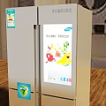 Stainless Steel Double Door Refrigerator With Fruit Display On Wooden Countertop