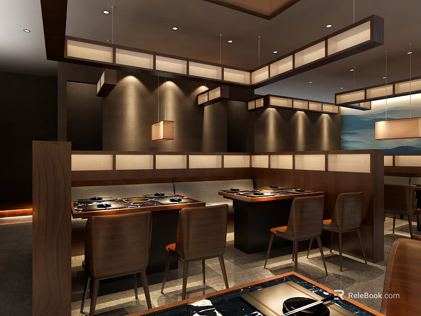 Japanese Style Restaurant Interior With Wooden Decor Hanging Lamps And Teppanyaki Tables 3d model 