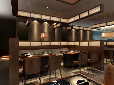 Japanese Style Restaurant Interior With Wooden Decor Hanging Lamps And Teppanyaki Tables 3d model