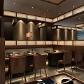 Japanese Style Restaurant Interior With Wooden Decor Hanging Lamps And Teppanyaki Tables