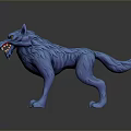 Ferocious Blue Wolf Game Movie Character with Open Mouth Yellow Eyes and Fluffy Fur