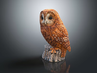 Detailed Owl Sculpture Perched On Tree Stump With Realistic Features 3d model