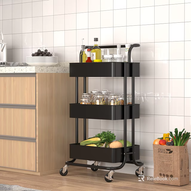 Black Multi tier Rolling Kitchen Storage Rack With Spices Vegetables And Fruits 3d model