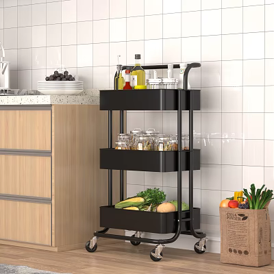 Black Multi tier Rolling Kitchen Storage Rack With Spices Vegetables And Fruits 3d model