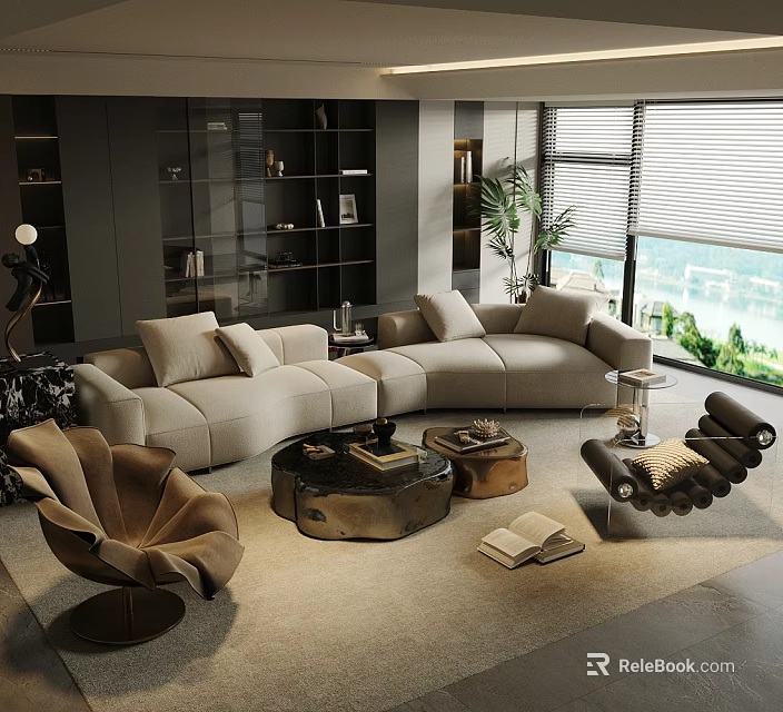 Elegant Modern Living Room With L shaped Sofa Brown Armchair And Floor to Ceiling Windows 3d model 