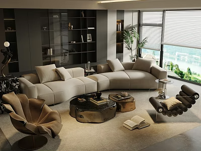 Elegant Modern Living Room With L shaped Sofa Brown Armchair And Floor to Ceiling Windows 3d model