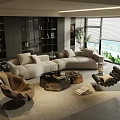 Elegant Modern Living Room With L shaped Sofa Brown Armchair And Floor to Ceiling Windows