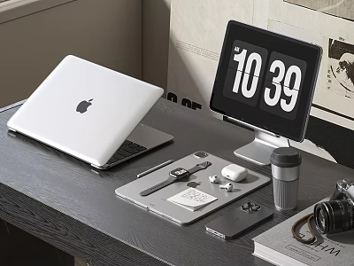 White Apple MacBook Laptop On Modern Desktop Workspace With Digital Clock Watch Phone And Camera 3d model