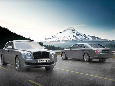 Two Silver Luxury Sedans Parked On Road With Snowy Mountain And Forest Background 3d model