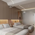 Modern Hotel Guest Room with Wooden Striped Walls Lighted Headboard Twin Beds and Nightstands