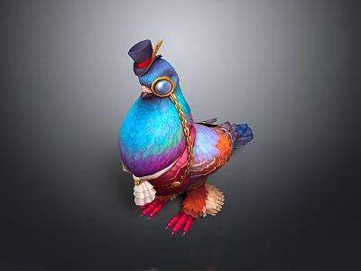 Colorful Pigeon With Vibrant Feathers Wearing Small Hat And Monocle With Decorative Chain 3d model