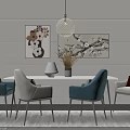 White Dining Table Set With Blue Beige Chairs Pendant Light And Wall Art 3d model