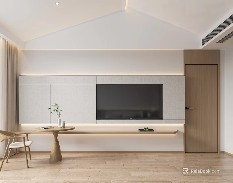 Modern Minimalist Hotel Room Interior With TV Wall And Wooden Furniture 3d model 