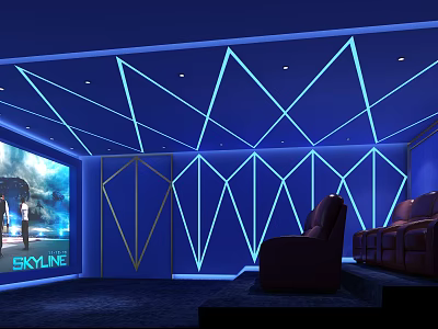 Contemporary Home Theater Featuring Blue Geometric LED Lights Large Projection Screen And Red Recliners 3d model