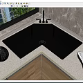 Modern Kitchen With Black L Shaped Sink Light Countertop Marble Wall And Window Green View