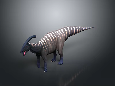 3D Crested Dinosaur Model Standing With Striped Body Open Mouth And Red Tongue 3d model