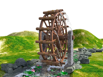 Wooden Waterwheel In Green Grass Field With Hills Stones And Lotus Flowers 3d model