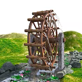 Wooden Waterwheel In Green Grass Field With Hills Stones And Lotus Flowers