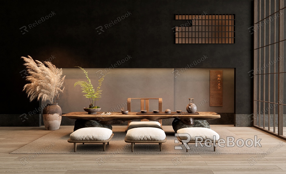 Quiet Style Tea Room Tatami Tea Table and Chair Tea Table Reed Vase Ornaments Fern Bonsai model