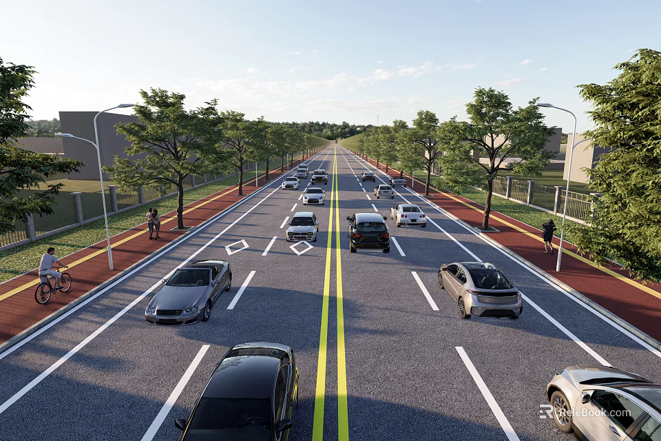 Road Infrastructure With Multi Lane Layout Lane Markings Street Lamps Bicycle Lane And Trees 3d model 