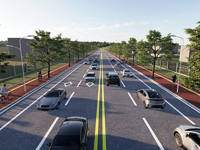 Road Infrastructure With Multi Lane Layout Lane Markings Street Lamps Bicycle Lane And Trees 3d model