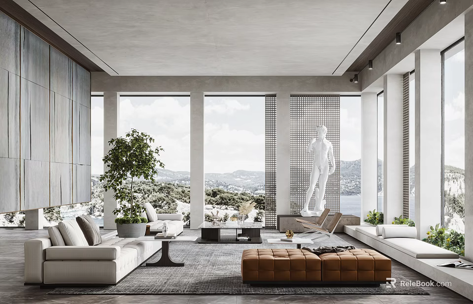 Modern Living Room Interior With Large Windows Sea View White Sofa And Green Plant 3d model 