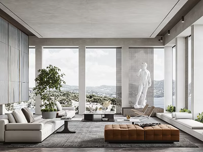 Modern Living Room Interior With Large Windows Sea View White Sofa And Green Plant 3d model