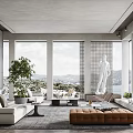 Modern Living Room Interior With Large Windows Sea View White Sofa And Green Plant