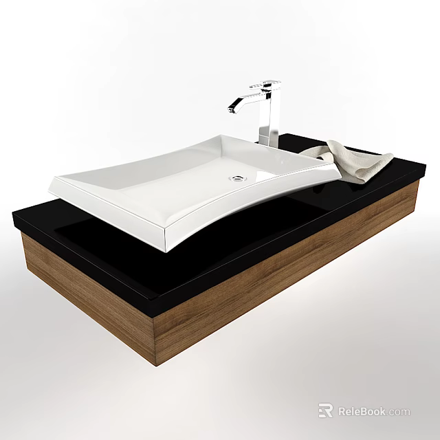 Modern Bathroom Washbasin with White Basin Black Countertop Silver Faucet and Wooden Cabinet 3d model 
