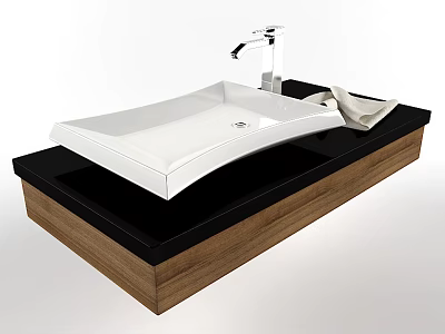 Modern Bathroom Washbasin with White Basin Black Countertop Silver Faucet and Wooden Cabinet 3d model