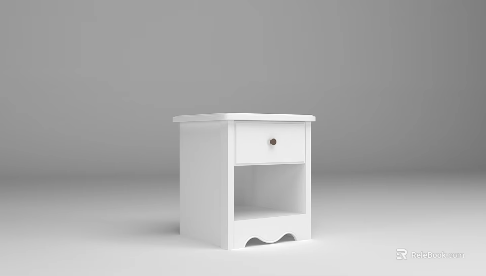 White Nightstand with Drawer Open Shelf and Scalloped Base Design 3d model 