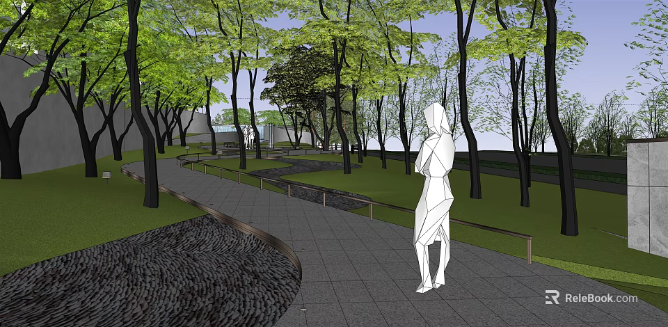 Serene Garden Landscape With Curved Stone Path Lush Trees And Water Channel 3d model 