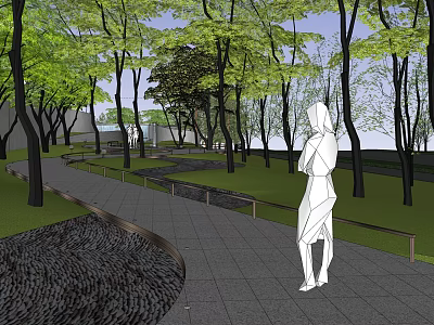 Serene Garden Landscape With Curved Stone Path Lush Trees And Water Channel 3d model