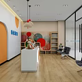 Qiyou Education Children's Preschool Reception With Orange Circular Decorations Cartoon Dolls Wooden Flooring Green Plants