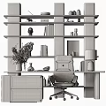 Wooden Desk and Chair Set in Home Office with Bookshelf Books Table Lamp and Vase