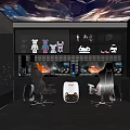 Modern Entertainment Room With Gaming Chairs Display Shelves Collectibles Large Screens And Blue Lighting