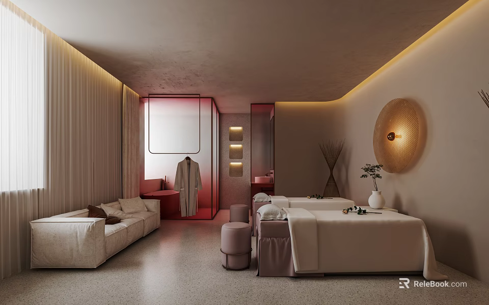 Spa Sauna Room Interior Design With Comfortable Sofa Massage Bed And Decorative Lighting 3d model 