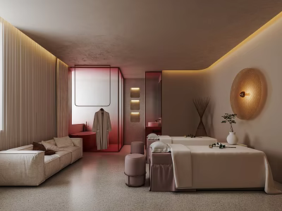 Spa Sauna Room Interior Design With Comfortable Sofa Massage Bed And Decorative Lighting 3d model