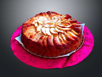 Round Cake Topped With Sliced Pears On Pink Patterned Cloth 3d model